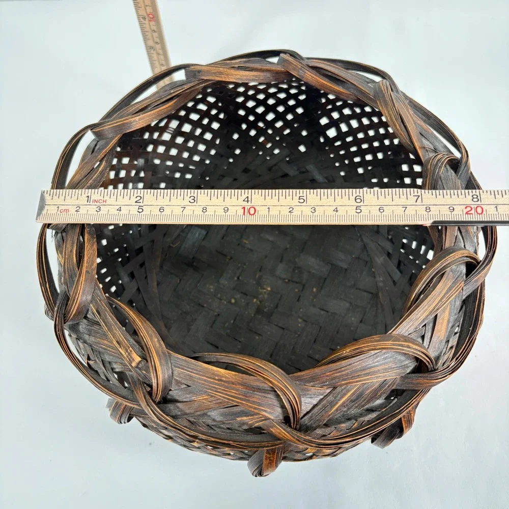 Vintage 80s Woven Bamboo Basket Brown Copper Braided Rim Decorative Bowl